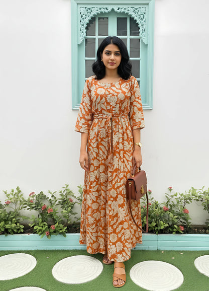 Leafy Stripes - Orange - Maternity Kurti with Feeding Zips - Soft Rayon
