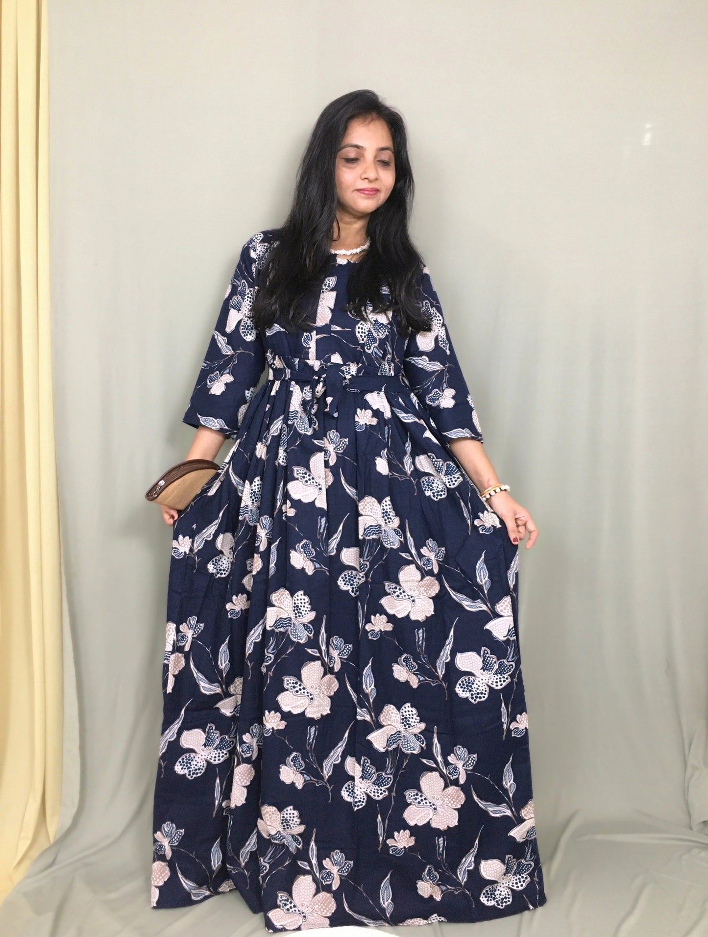 Flower & Leafs - Navy Blue - Maternity Kurti with Feeding Zips - Cotton Flex - Thicker Fabric