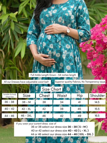 White Flower - Sea Blue - Maternity Kurti with Feeding Zips - Soft Rayon