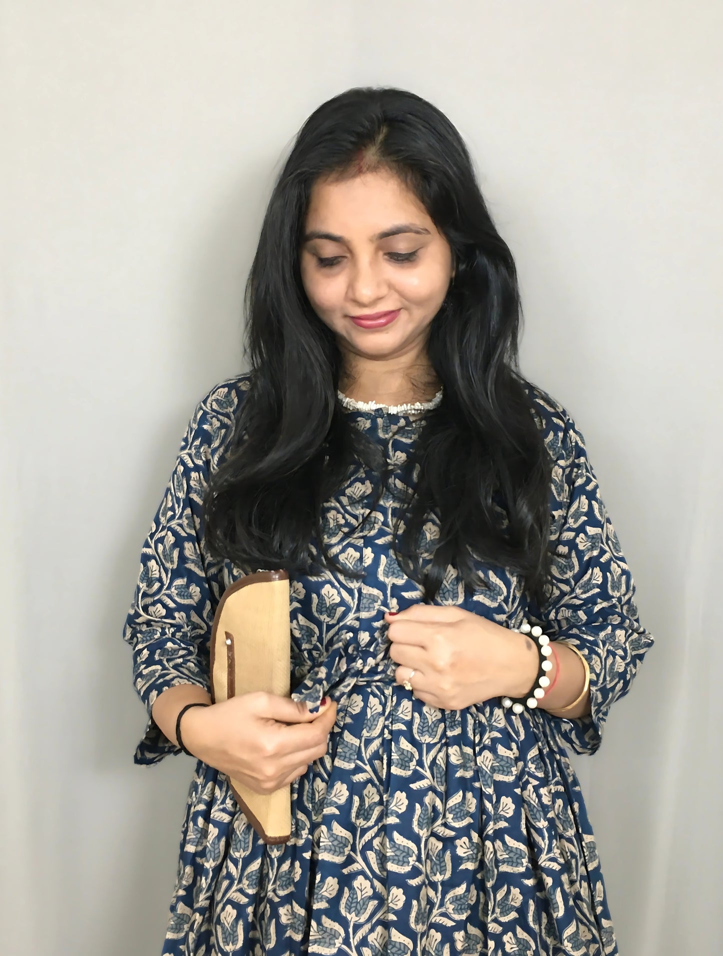 Tulip Flower - Blue - Maternity Kurti with Feeding Zips - Cotton Flex - Thicker Fabric
