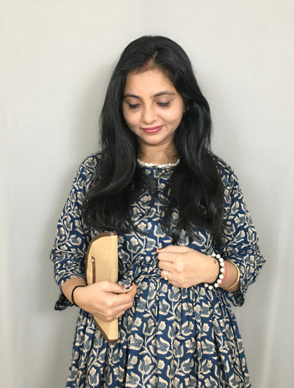 Tulip Flower - Blue - Maternity Kurti with Feeding Zips - Cotton Flex - Thicker Fabric
