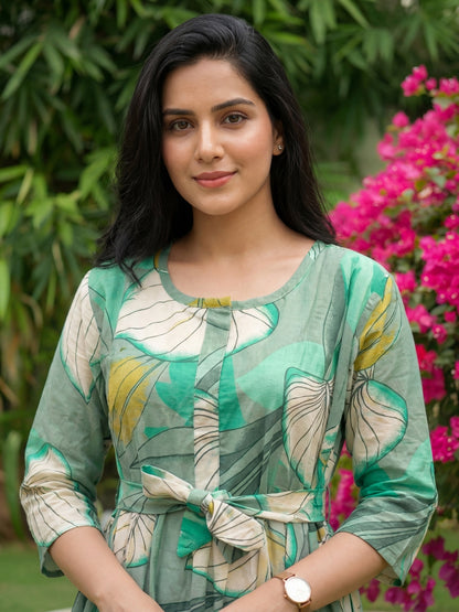 Lotus Sea Green - Maternity Kurti with Feeding Zips - Cotton Flex - Thicker Fabric