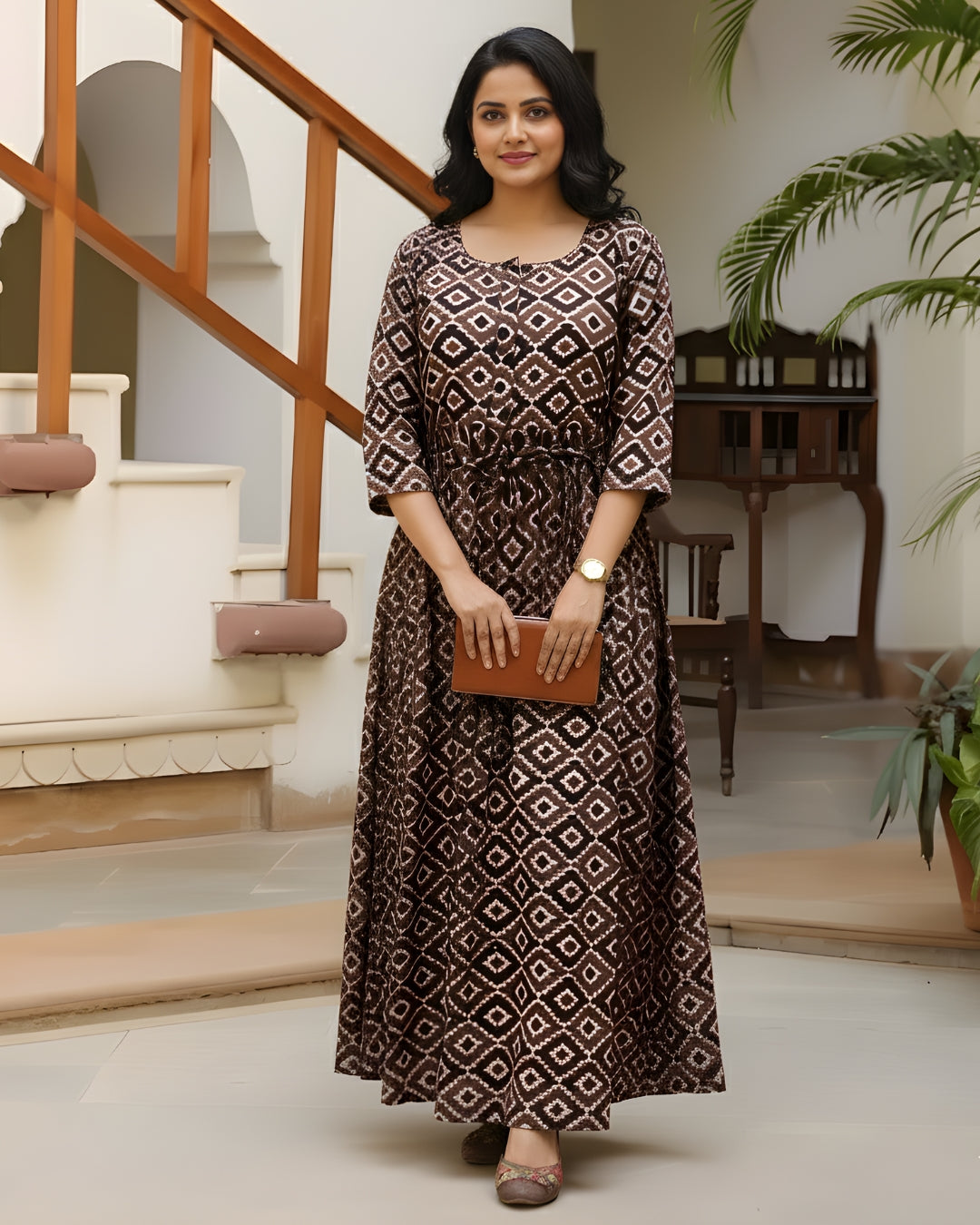 Purple Cream Square - Maternity Kurti with Feeding Zips - Cotton Flex - Thicker Fabric