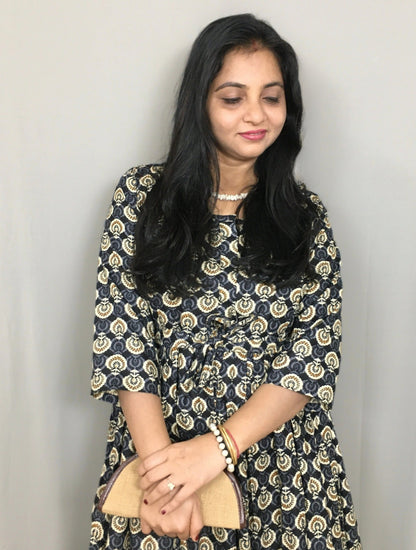 Sunflower - Black & Cream - Maternity Kurti with Feeding Zips - Cotton Flex - Thicker Fabric