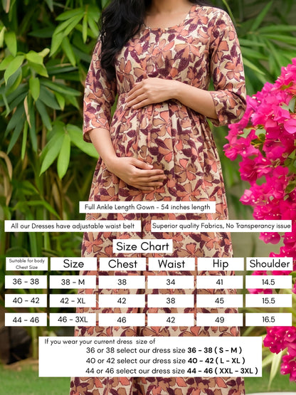 Pink Cream Leaf - Maternity Kurti with Feeding Zips - Cotton Flex - Thicker Fabric