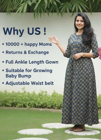 Sunflower  - Blue - Maternity Kurti with Feeding Zips - Cotton Flex - Thicker Fabric