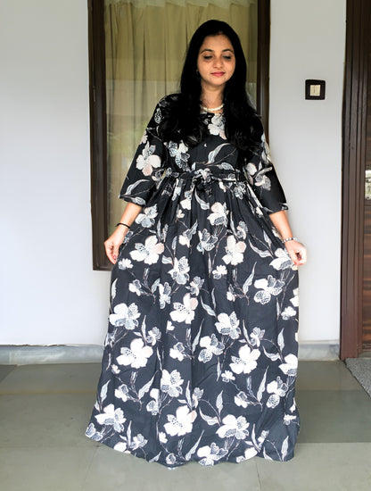 Flower & Leafs - Black - Maternity Kurti with Feeding Zips - Cotton Flex - Thicker Fabric