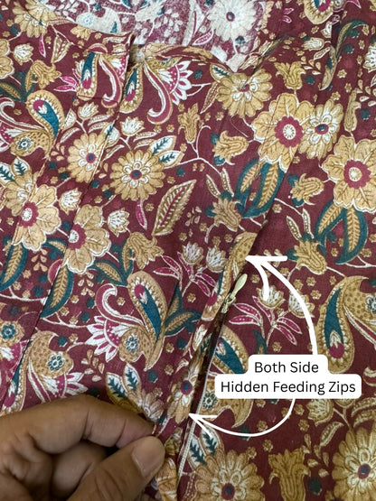 Gulmohar - Maroon - Maternity Dress with Feeding Zips - Pure Cotton