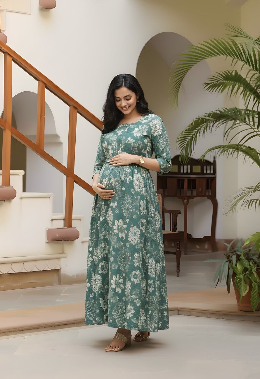 Marigold Sea Blue - Maternity Kurti with Feeding Zips - Cotton Flex - Thicker Fabric