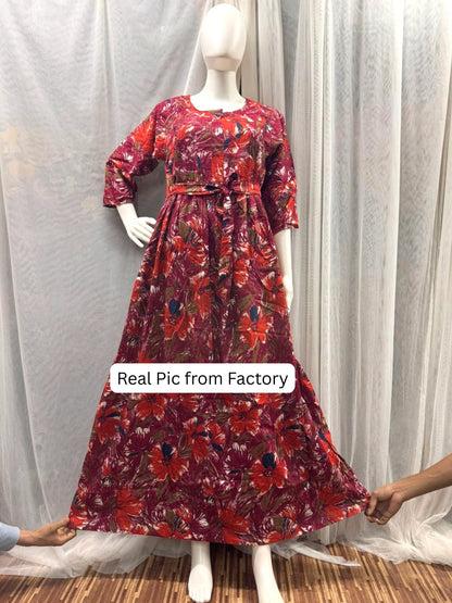 Floral - Wine - Maternity Kurti with Feeding Zips - Soft Rayon