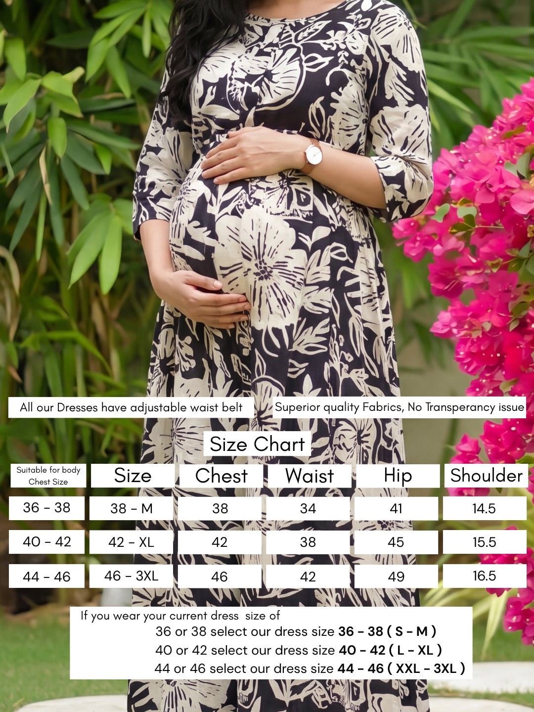 Hibiscus - Black White - Maternity Kurti with Feeding Zips - Soft Rayon