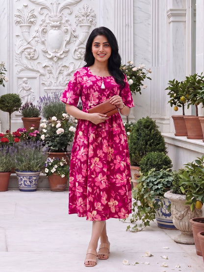 Jasmine Pink - Short Sleeves Midi Dress - Pure Cotton
