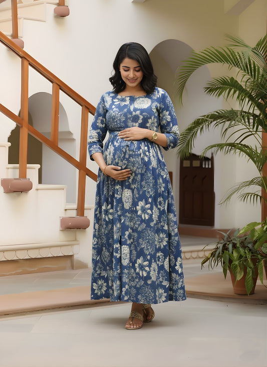 Marigold Blue - Maternity Kurti with Feeding Zips - Cotton Flex - Thicker Fabric