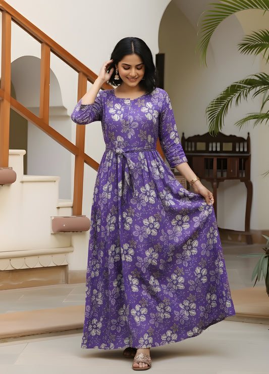 Purple Daisies - Maternity Kurti with Feeding Zips - Soft Rayon
