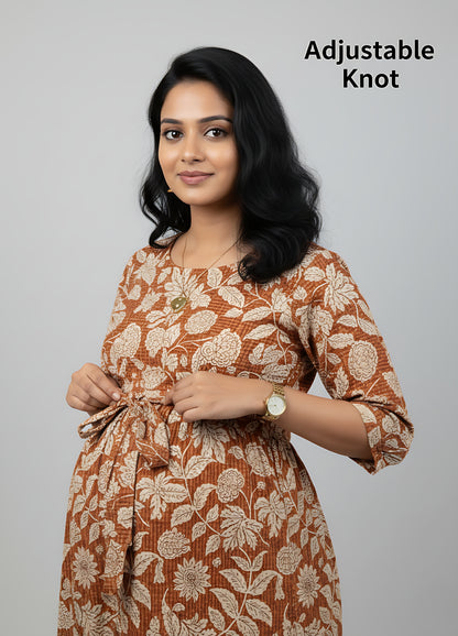 Leafy Stripes - Orange - Maternity Kurti with Feeding Zips - Soft Rayon