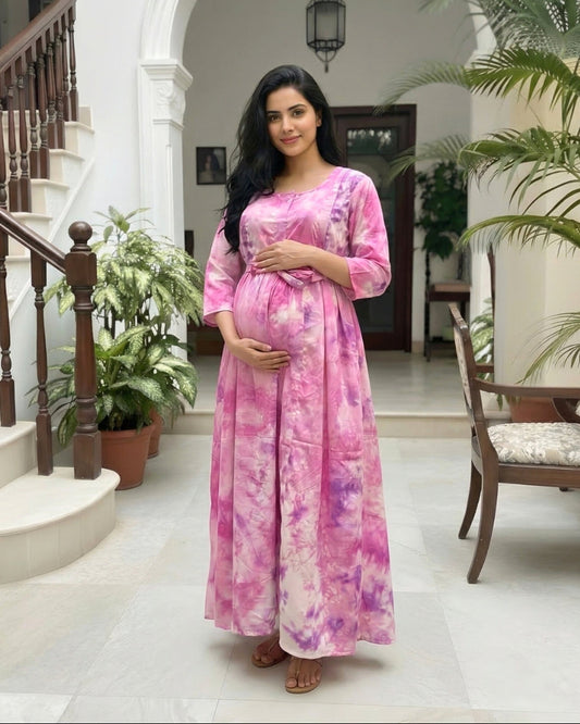 Tie Dye - Pink - Maternity Kurti with Feeding Zips - Soft Rayon
