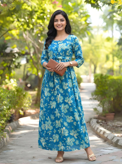 Jasmine White Flower - Firozi - Maternity Kurti with Feeding Zips - Cambric Cotton
