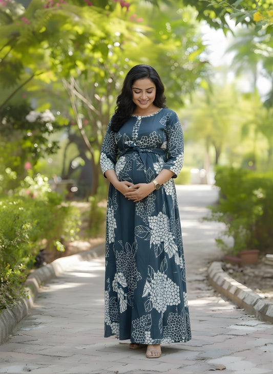 Sea Grey Big Flower - Maternity Kurti with Feeding Zips - Soft Rayon