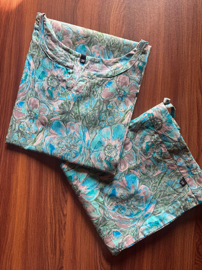Jasmine Sky Blue White Flower - Cord Set - Pure Cotton