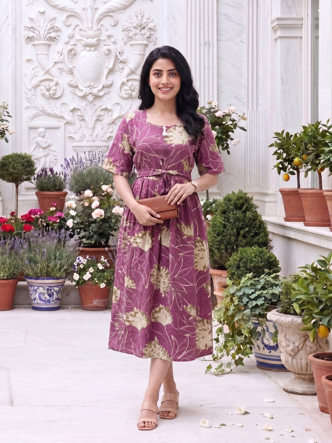 Pink Cream- Short Sleeves Midi Dress -  Pure Cotton