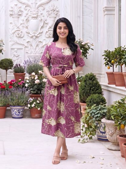 Pink Cream- Short Sleeves Midi Dress -  Pure Cotton