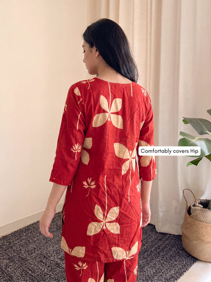 Red Motif Flower - Cord Set - Pure Cotton