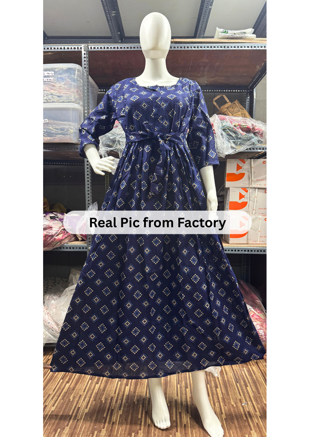 Blue Square Bandhani Print - Maternity Kurti with Feeding Zips - Cambric Flex - Thicker Fabric