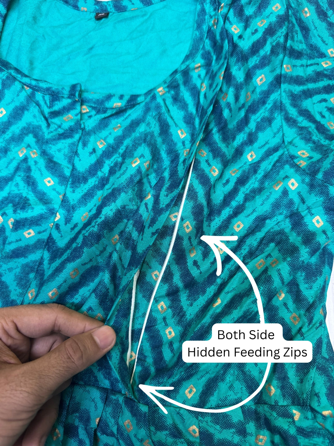 Peacock Bandhani Zigzag - Maternity Kurti with Feeding Zips - Soft Rayon