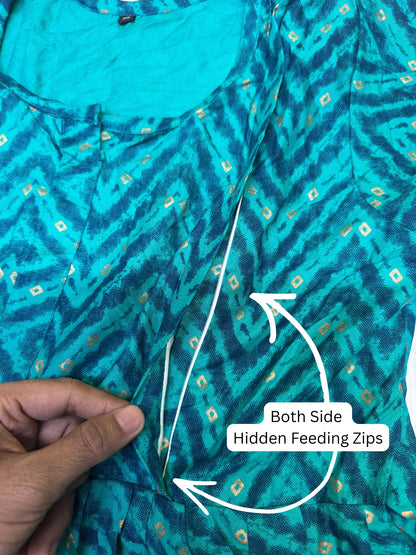 Peacock Bandhani Zigzag - Maternity Kurti with Feeding Zips - Soft Rayon