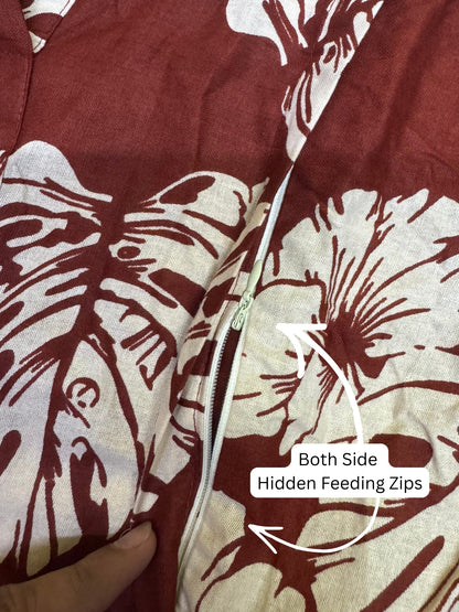 Swiss Cheese - Maroon - Maternity Dress with Feeding Zips - Pure Cotton
