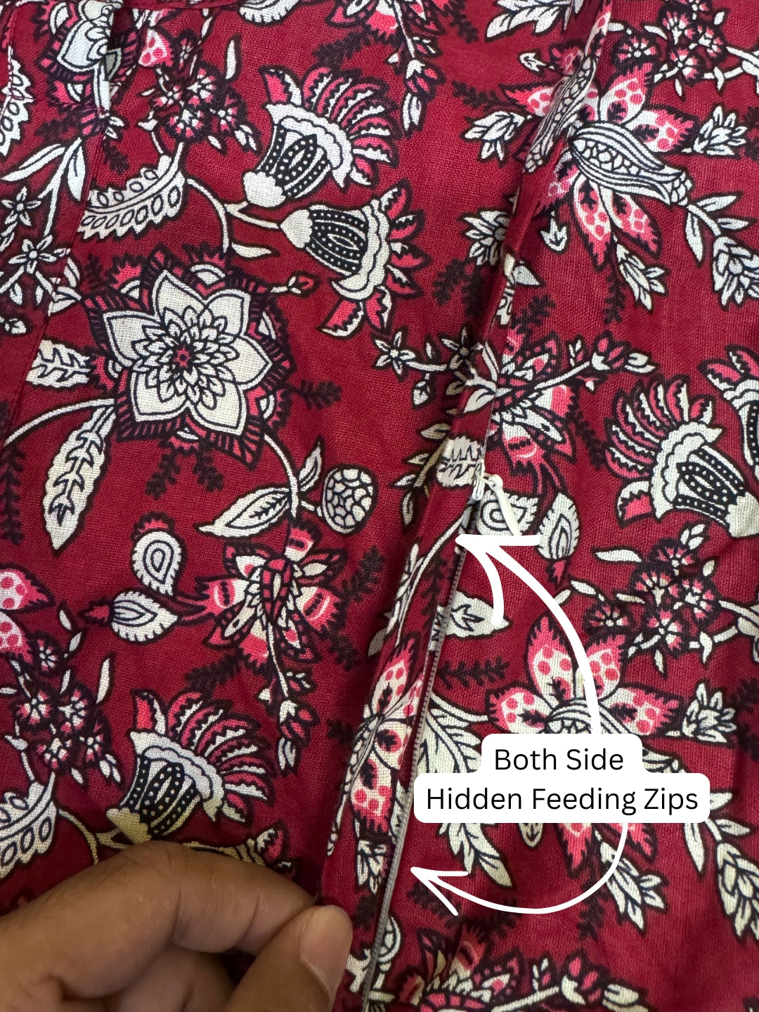 Maroon Forrest Print - Maternity Kurti with Feeding Zips - Cotton Flex - Thicker Fabric