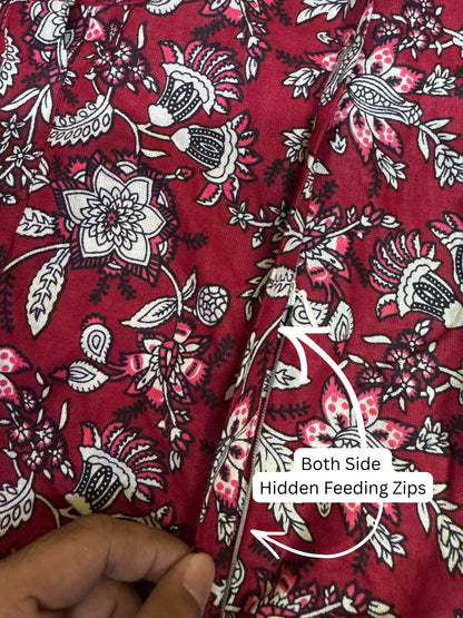 Maroon Forrest Print - Maternity Kurti with Feeding Zips - Cotton Flex - Thicker Fabric