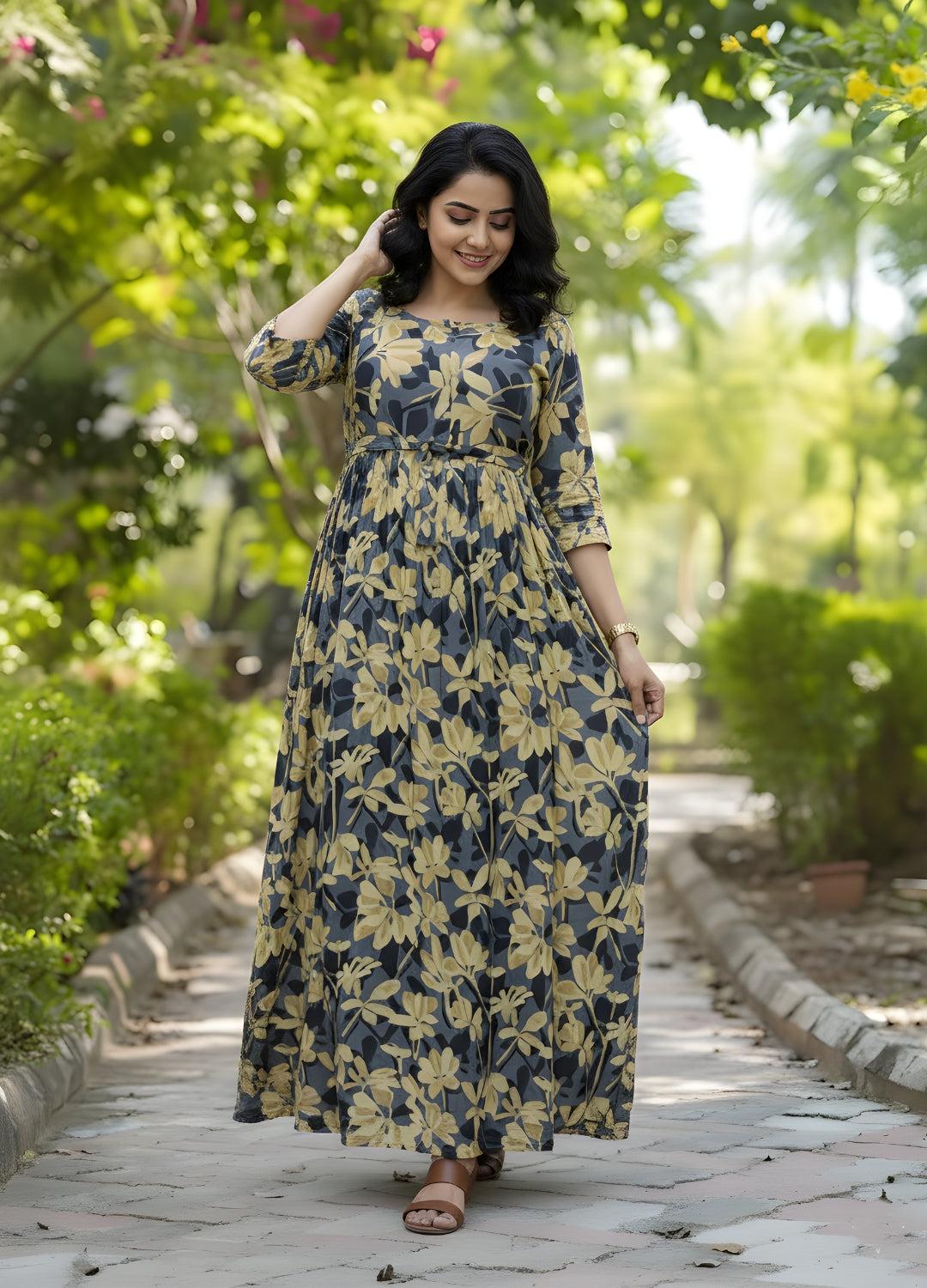 Blue Cream Jasmine - Maternity Kurti with Feeding Zips - Soft Rayon