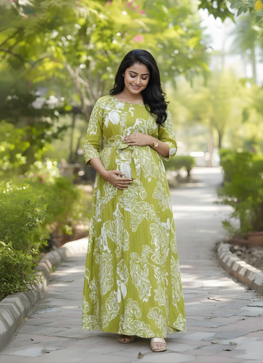 Lemon Green Big Flower - Maternity Kurti with Feeding Zips - Soft Rayon