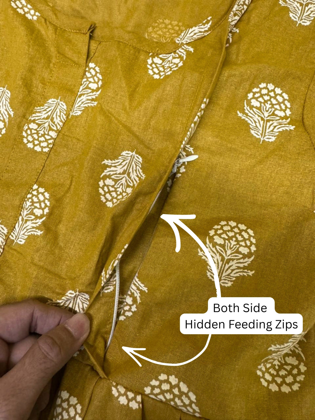 Rustic Flower - Mustard - Maternity Dress with Feeding Zips - Pure Cotton