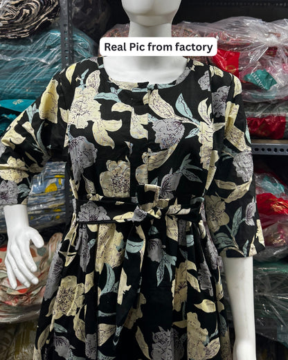 Mix Flower - Black - Maternity Kurti with Feeding Zips - Cotton Flex - Thicker Fabric