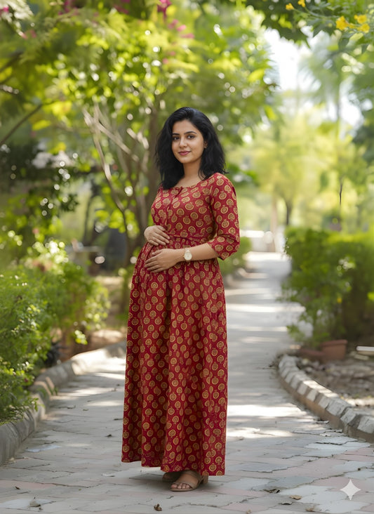 Sunflower - Red - Maternity Kurti with Feeding Zips - Cotton Flex - Thicker Fabric
