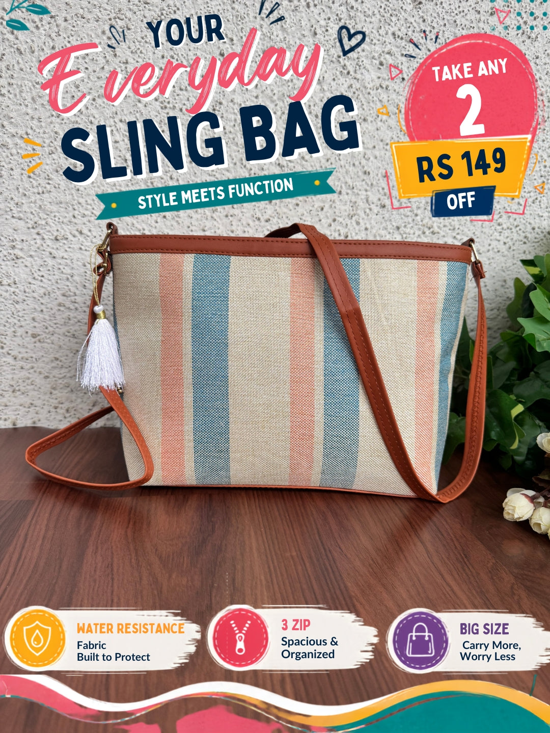 Minsk - 3 zip- Big size - Sling Bag - Stripes Orange