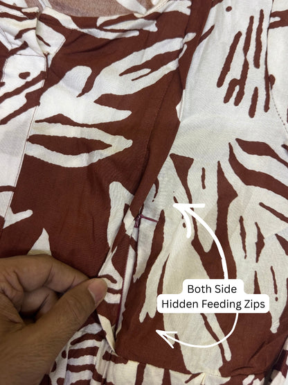 Hibiscus Brown - Knee Length Maternity Dress with Feeding Zips - Soft Rayon
