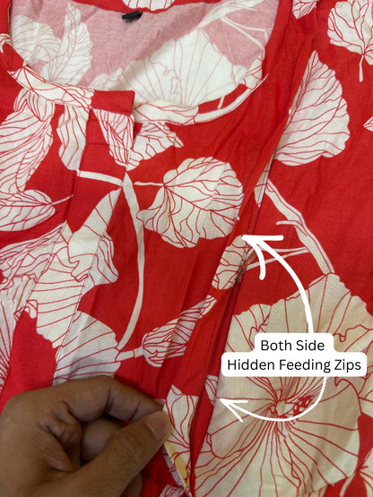 Hibiscus Orange - Maternity Dress with Feeding Zips - Soft Rayon