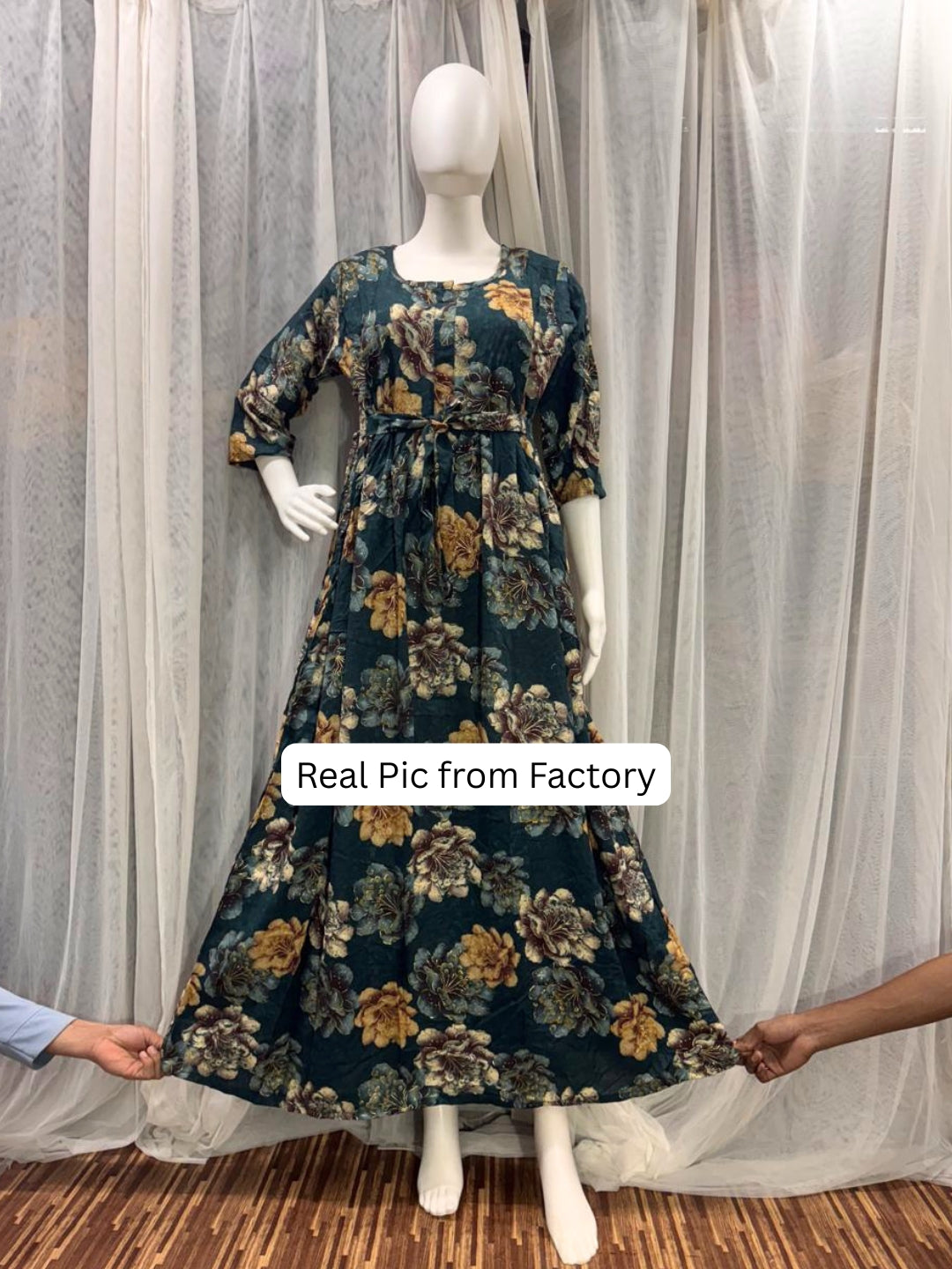 Gold & Cream Flower - Peacock Blue - Maternity Kurti with Feeding Zips - Soft Rayon