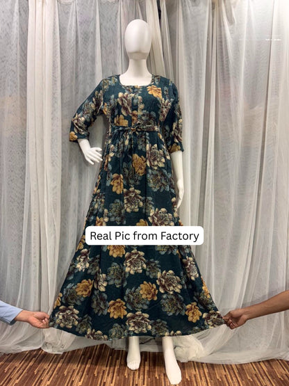 Gold & Cream Flower - Peacock Blue - Maternity Kurti with Feeding Zips - Soft Rayon