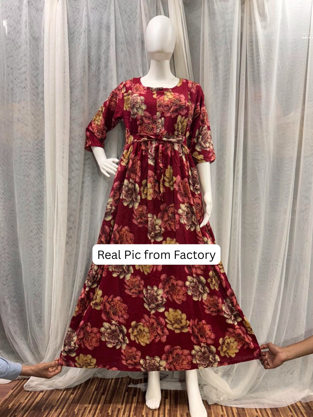 Gold & Cream Flower - Maroon - Maternity Kurti with Feeding Zips - Soft Rayon
