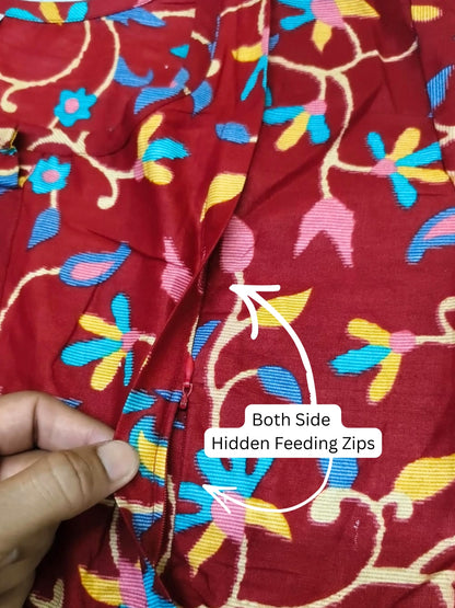 Red Daisy - Maternity Kurti with Feeding Zips - Pure Cotton