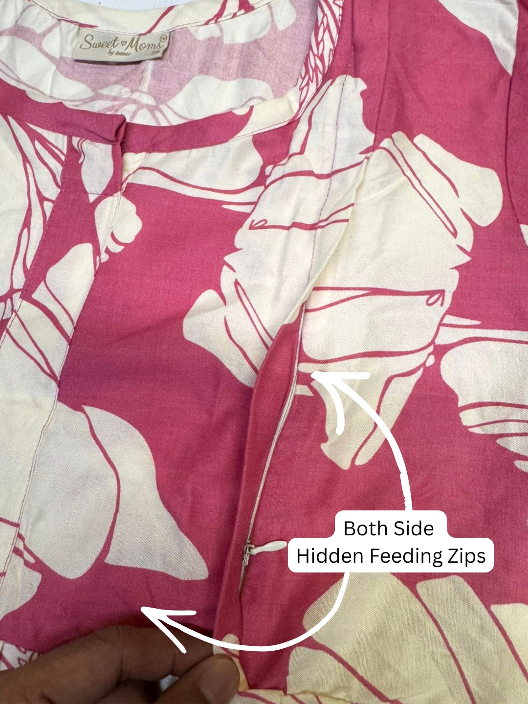 Baby Pink White Big Flower - Maternity Kurti with Feeding Zips - Soft Rayon