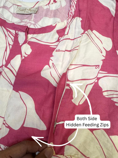 Baby Pink White Big Flower - Maternity Kurti with Feeding Zips - Soft Rayon