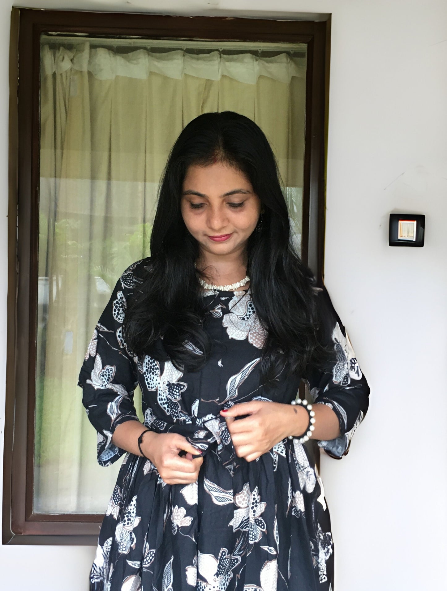 Flower & Leafs - Black - Maternity Kurti with Feeding Zips - Cotton Flex - Thicker Fabric