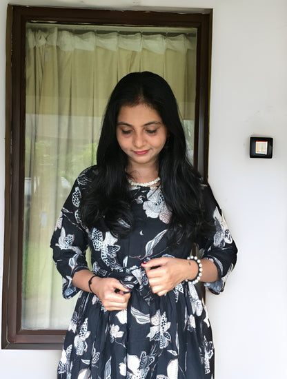 Flower & Leafs - Black - Maternity Kurti with Feeding Zips - Cotton Flex - Thicker Fabric