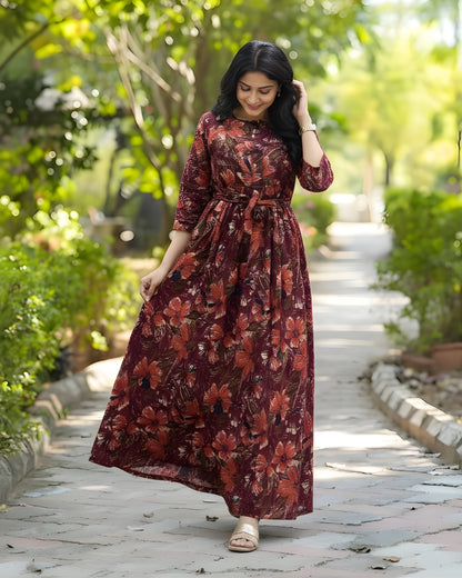 Floral - Wine - Maternity Kurti with Feeding Zips - Soft Rayon