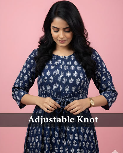 Blue Flower - Maternity Kurti with Feeding Zips - Cambric Cotton